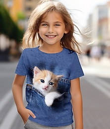 billige -Pige 3D Kat T-shirt Skjorter Kortærmet 3D-udskrivning Sommer Aktiv Mode Sød Stil Polyester Børn 3-12 år Rund hals udendørs Afslappet Daglig Regulær