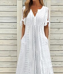 cheap -Women's Casual Dress Summer Dress Pleated Dress Plain Lace Ruched V Neck Midi Dress Fashion Elegant Outdoor Daily Short Sleeve Loose Fit White Pink Blue Summer Spring S M L XL XXL