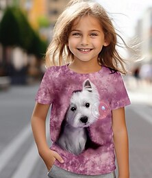 billiga -Flickor 3D Hund T-shirt Skjorta Rosa Kortärmad 3D-tryck Sommar Aktiv Mode söt stil Polyester Barn 3-12 år Rund hals Utomhus Ledigt Dagligen Normal