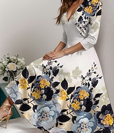 halpa -Naisten Midimekko Rento mekko Kellomekko Puolimuotoinen mekko A linjainen mekko Katutyyli A-linja Muodollinen Loma Juhla Normaali Kukka 3/4 hiha V kaula-aukko Apila Kevät