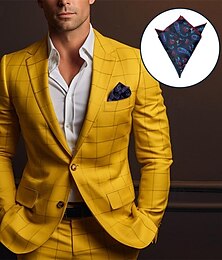 cheap -Men's Matching Sets Yellow Blazer Sets Long Sleeve Lapel Wedding Event / Party Plaid 2 Piece Polyester Spring &  Fall