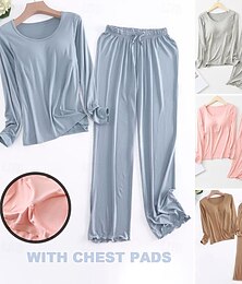 abordables -Conjuntos de pijamas para mujer, color puro, comodidad sencilla, para el hogar, uso diario, cama, modal, transpirable, cuello redondo, manga larga, camiseta, pantalón, cintura elástica, verano,