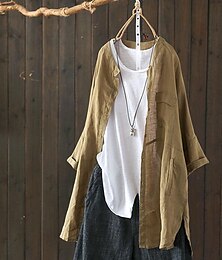 abordables -Camisas de algodón y lino Camisa de lino Abotonar Tops largos de algodón Mujer Negro Blanco Caqui Color sólido Largo Calle Diario Moda Escote Redondo Sabana de algodon Ajuste regular S