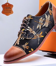 cheap -Men's Dress Shoes Black Golden Dragonfly Embroidery  Brogue Leather Italian Full-Grain Cowhide Slip Resistant Lace-up