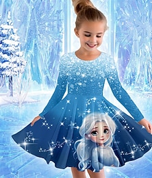 ieftine -Girls ' 3D Desene Animate Prințesă Rochie Manșon Lung Tipărire 3D Primăvară Toamnă Sporturi & Exterior Zilnic Concediu Drăguţ Casual Frumoasa Copii 3-12 ani Rochie casual Rochie A line Sub Genunchi