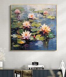 preiswerte -Handgefertigtes Original-Lotusblumen-Ölgemälde auf Leinwand, Wandkunst-Dekor, minimalistischer See für Heimdekoration, mit gespanntem Rahmen/ohne Innenrahmen-Gemälde