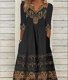ieftine -Pentru femei Rochii Midi Rochie etnică Rochie de vară Rochie imprimata Epocă Έθνικ Tribal În aer liber Zilnic Dată Fit regulat Floral Tribal Manșon Jumate Gât despicat Negru Vară Primăvară