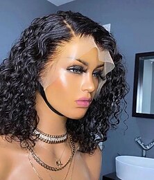 abordables -Perruque Bobo Lace Wig courte ondulée couleur naturelle 13*4, cheveux humains, densité 150 %
