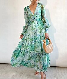 olcso -Női hétköznapi ruha A vonalú ruha Nyomtatott V-alakú Hosszú ruha Maxi ruha Vakáció Hosszú ujj Nyár Tavasz