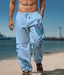 cheap -Animal Turtle Printed Men's Hawaiian Cotton Linen Pants Elastic Drawstring Design Pants Trousers Straight-Leg Trousers Outdoor Daily Wear Streetwear 20% Linen Mid Waist Elasticity Pants