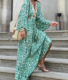 olcso -Női hétköznapi ruha Színes Nyomtatott V-alakú Hosszú ruha Maxi ruha Csehország Etno Vakáció Hosszú ujj Nyár