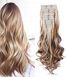 levne -12ks/set dlouhé vlnité prodlužování vlasů syntetické clip in prodlužování vlasů ombre medová blond tmavě hnědé husté příčesky