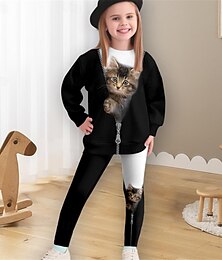 cheap -Girls' 3D Cat Sweatshirt & Legging Set Long Sleeve 3D Print Spring Fall Active Fashion Daily Polyester Kids 3-12 Years Crew Neck Outdoor Date Vacation Regular Fit