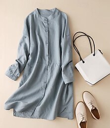 economico -Camicia Camicie di cotone e lino Camicia di lino Abbottonare Per donna Bianco Blu Tinta unica Bottoni Lungo Streetwear Quotidiano Moda Girocollo Cotone Lino Vestibilità regolare M
