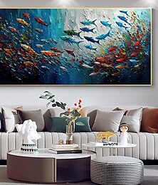 cheap -Mintura Handmade Abstract Fish School Oil Paintings On Canvas Wall Art Decoration Modern Picture For Home Decor Rolled Frameless Unstretched Painting
