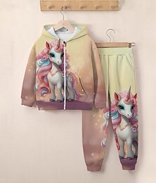 cheap -Girls' 3D Unicorn Hoodie & Sweatpants Set Long Sleeve 3D Printing Spring Fall Active Fashion Cute Polyester Kids 3-12 Years Zip Hooded Outdoor Street Regular Fit