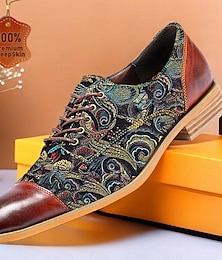 お買い得  -Men's Dress Shoes Red Brown Vintage Print Paisley Pattern Sheepskin Slip Resistant Lace-up