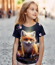 preiswerte -Mädchen-T-Shirts mit 3D-Fuchs, kurzärmelig, 3D-Druck, Sommer, aktiv, modisch, niedlich, Polyester, Kinder 3–12 Jahre, Rundhalsausschnitt, Outdoor, lässig, täglich, normale Passform