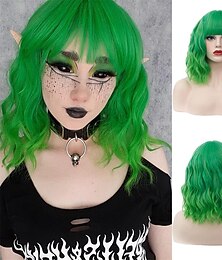 economico -parrucca da donna verde brillante ombre parrucca corta riccia ondulata lunghezza spalla frangia piatta parrucca per donna ragazza cosplay festa di halloween berretto per parrucca incluso parrucche