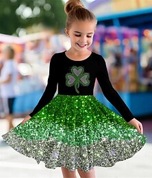 cheap -St. Patrick Girls' 3D Four Leaf Clover Dress Long Sleeve 3D Print Spring Fall Sports & Outdoor Daily Holiday Cute Casual Beautiful Kids 3-12 Years Casual Dress A Line Dress Above Knee Polyester