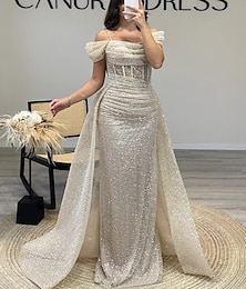 abordables -Robe de bal fourreau Élégante Robe Formelle Bal Longue longueur Manches courtes Épaules découvertes Pailletée avec volants Robe de mascarade 2025