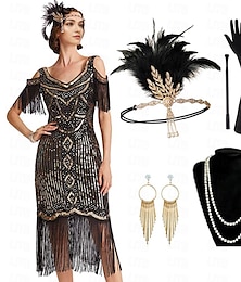 preiswerte -Retro Vintage Goldene Zwanziger 1920er Flapper Kleid Kleid Outfits Der große Gatsby Hochzeitsgast Pailletten Quastenfransen Damen Party / Abend Maskerade Hochzeitsempfang Erwachsene Kleid Handschuhe