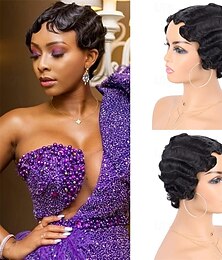 voordelige -Pruik vinger golf pruik kort synthetisch haar krullende pruiken voor zwarte vrouwen dame Nuna pruik jaren 20 cosplay kostuum carnaval feest dagelijks gebruik Halloween pruiken