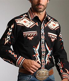 cheap -Men's Geometry Western Shirt Cowboy Shirt Long Sleeve Vintage Western Style Daily Wear Going out Weekend Spring Turndown Pocket Print Button-Down Black Navy Blue Brown Green