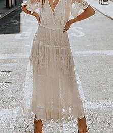 economico -abito midi in pizzo da donna scollo a V manica corta gonna a balze a pois romantico avorio semi-formale primavera estate matrimonio festa in giardino abbigliamento femminile