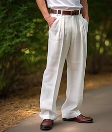 ieftine -Bărbați Pantaloni de in Pantaloni Pantaloni de vară Buzunar frontal Pliuri Picior drept Simplu Confort Respirabil Casual Zilnic Concediu Amestec de Lână / Bumbac Modă De Bază Negru Alb