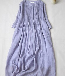 cheap -Women's Summer Midi Dress Cotton Linen Blend Loose Fit Pockets Crew Neck 3/4 Sleeve