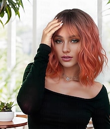 baratos -Peruca Ombre Rosa Curta Ondulada em Camadas com Franja Peruca Sintética para Meninas Uso Diário Peruca Colorida para Festas Halloween