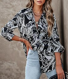 economico -Camicia da donna moda paisley con bottoni stampa maniche lunghe top regolare colletto casual nero primavera e autunno