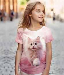 ieftine -Fete 3D Pisica Tricou Tricouri Roz Manșon scurt Tipărire 3D Vară Activ Modă Drăguţ Poliester Copii 3-12 ani Stil Nautic În aer liber Casual Zilnic Fit regulat
