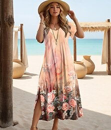 Χαμηλού Κόστους -Γυναικεία Καθημερινό φόρεμα Κοντομάνικο φόρεμα Σκίσιμο Στάμπα Στρογγυλή Ψηλή Λαιμόκοψη Μακρύ Φόρεμα Μάξι Φόρεμα Ημερομηνία Κοντομάνικο Καλοκαίρι