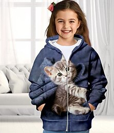 billiga -Flickor 3D Katt Huvtröja Kappa Ytterkläder Rosa Långärmad Höst Vinter Aktiv söt stil Streetwear Barn 3-12 år Blixtlås Gata Dagligen Normal