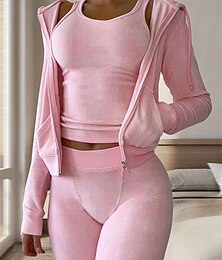 billiga -pyjamasset för kvinnor 3 delar ren färg varm mode plysch hem daglig säng flanell varm andningsbar hoodie långärmad hoodie byxa höst vinter hem outfits
