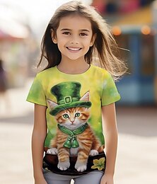 economico -San Patrizio Da ragazza 3D Gatto A quadrifoglio T-shirt Camicia Manica corta Stampa 3D Estate Attivo Di tendenza stile sveglio Poliestere Bambino 3-12 anni Girocollo Esterno Informale Giornaliero