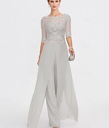 abordables -Ensemble jumpsuit  pantalon en deux pièces de mariage à la plage mère de la mariée invitée de mariage formelle élégante wrap inclus col bateau longueur sol chiffon manches 3/4 avec appliques 2025