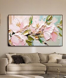 preiswerte -handgemaltes 3D-Blumen-Ölgemälde mit Struktur, Wandkunst, abstrakt, rosa-goldene Blumen, Gemälde auf Leinwand, Blumengemälde, Wanddekoration für Wohnzimmer, Wandkunst, Frühlingsdekoration