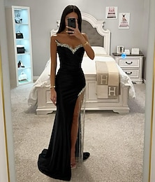 cheap -Mermaid / Trumpet Prom Dresses Elegant Dress Formal Prom Floor Length Sleeveless Sweetheart Satin with Crystals Tassel Slit 2024