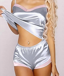 cheap -Women's Pajamas Pajama Top and Pant Sets Pure Color Fashion Casual Soft Home Daily Bed Satin Breathable Straps Sleeveless Strap Top Shorts Backless Summer Spring Silver Black