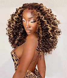 cheap -16inch P4/27 Omber Honey Blonde Highlight HD  Curly Lace Front Wig Pre Plucked with Babyhair Human Hair Blend human hair Short Curly Frontal Wig for Black Women