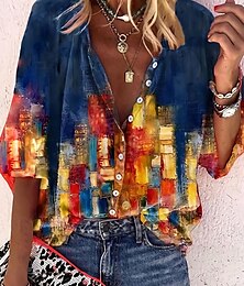 ieftine -Pentru femei Cămașă Bluză Alb Bleumarin Curcubeu Grafic Floral Imprimeu Manșon Lung Casual Zilnic Epocă Tropical Guler Cămașă Regulat Temă Florală S