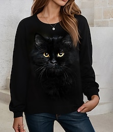 preiswerte -Damen Übergröße Sweatshirt Pullover Zur Seite fahren Katze Strasse Casual Schwarz Basic Rundhalsausschnitt Langarm Oberteil Mikro-elastisch Herbst Winter