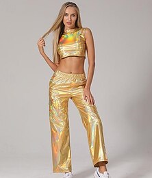 cheap -Set with Shiny Metallic Crop Tank Top Cargo Pants 2 PCS 1980s Hip Pop Outfits Abba Costume Women's Cosplay Costume Carnival Club Party
