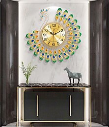 baratos -Grandes relógios de parede para decoração de sala de estar, decoração dourada, relógio de parede silencioso, operado por bateria, sem tique-taque, para quarto, cozinha, 15 polegadas, retro, pavão,