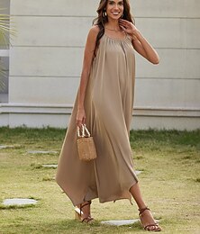 abordables -Robe maxi cami pour femmes, vêtements de villégiature, satin beige, essentiel, décontracté, coupe ample, robe de vacances, été