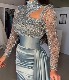 cheap -Mermaid / Trumpet Evening Gown Sliver Elegant Dress Formal Sweep / Brush Train Long Sleeve High Neck Satin with Pearls Sequin 2024