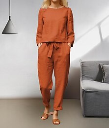 economico -Completo due pezzi da donna, semplice, basic, in tinta unita, con tasche, elastico in vita, in cotone e lino, per strada, quotidiano, a maniche lunghe, girocollo, nero, arancione, beige, estate, primavera.